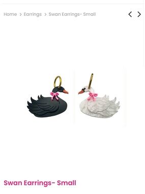 Brand New Swan Hoop Charm Earrings - Black & White with Pink Bows